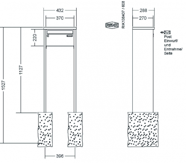 RENZ Briefkastenanlage freistehend, Tetro, Edelstahl V4A, Kastenformat 370x220x270mm, 1-teilig